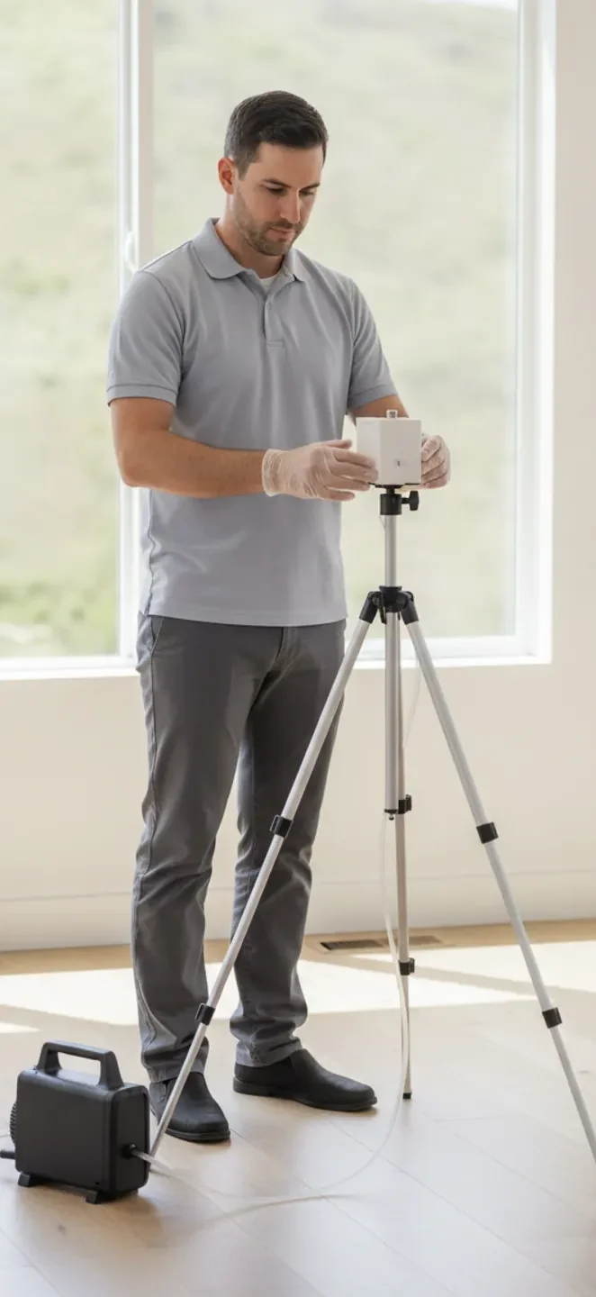 Mold testing technician collecting an air sample in a Thousand Oaks home