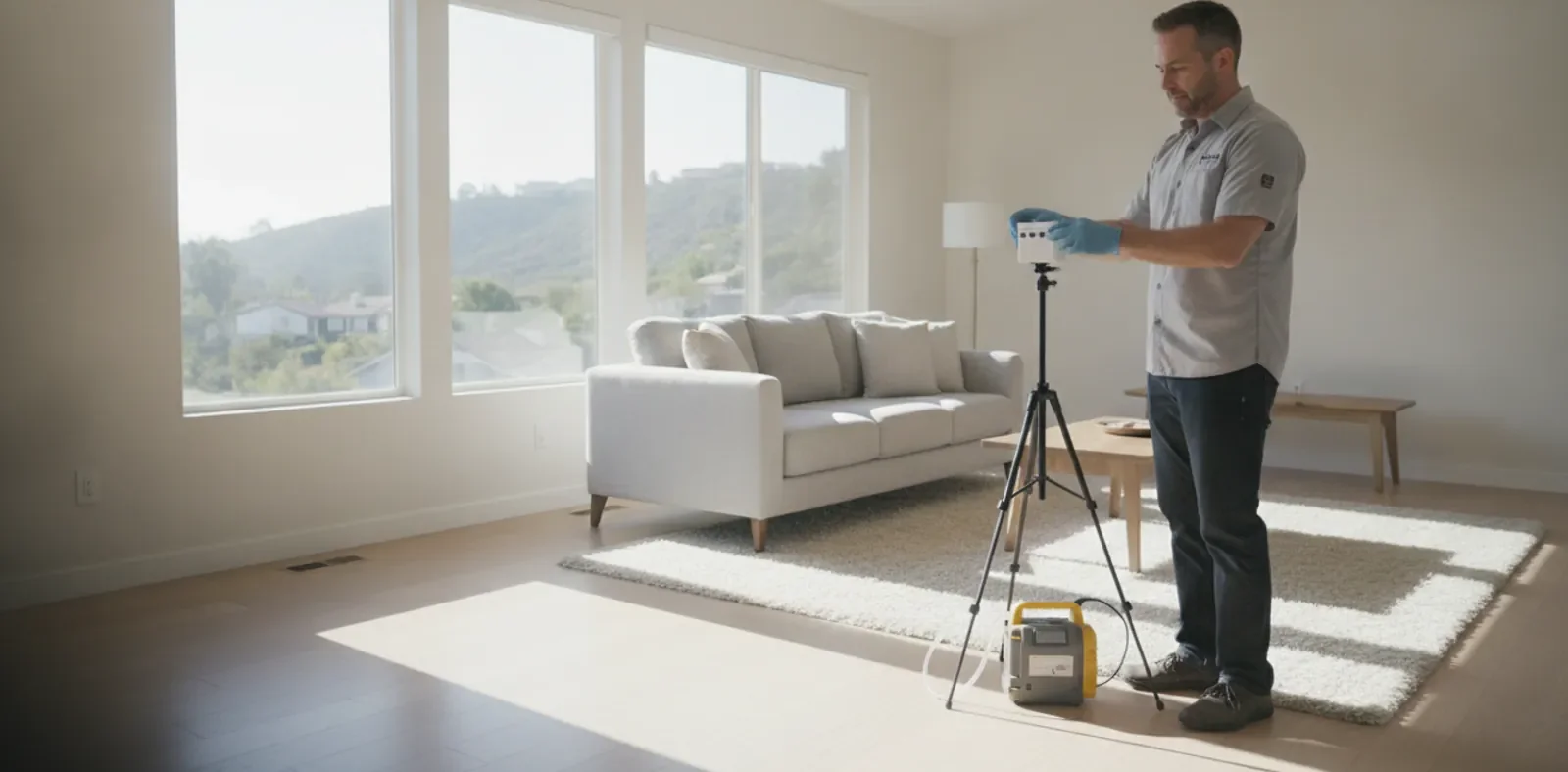 Mold testing technician collecting an air sample in a Thousand Oaks home